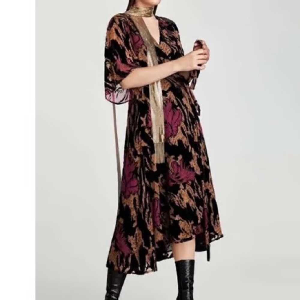 ZARA Devore Velvet Burnout Wrap Midi Dress Size M